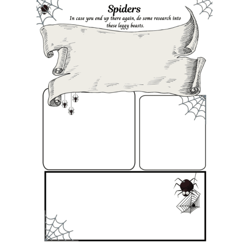 White background with spaces to write about spiders. Spiders and webs in corners.