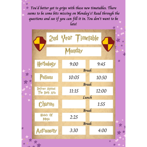 Purple background with timetable of lessons at Hogwarts.