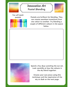 Page with green border and examples of pastel colours.