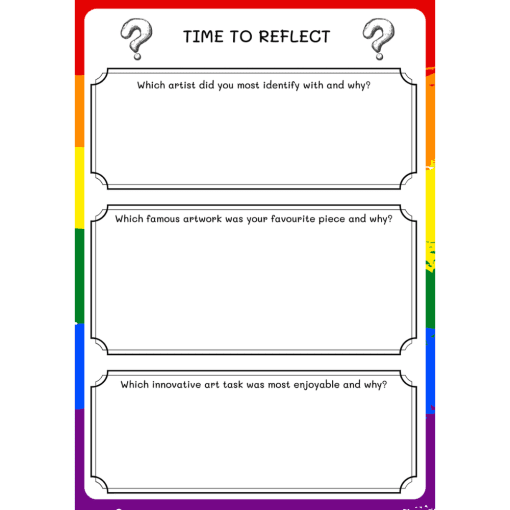 Rainbow coloured border with spaces for self reflection.