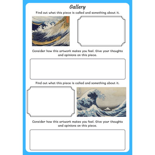 Page with blue border and two Hokusai pictures.