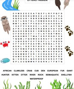 otter themed word search with otters, crabs and seaweed