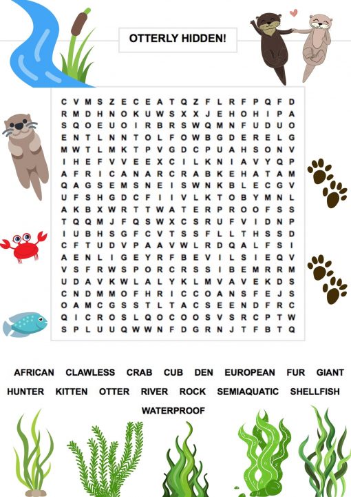 otter themed word search with otters, crabs and seaweed