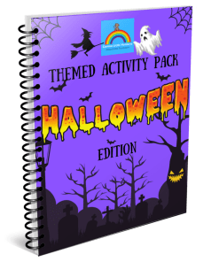 Halloween Activity Book with purple cover and black silhouette trees.