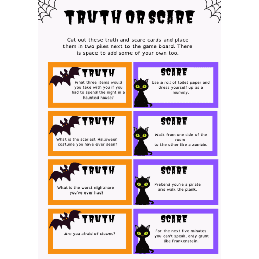 Truth or scare game cards.