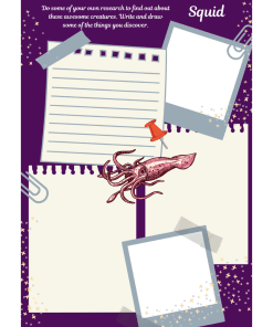 Purple background with various notepaper for recording information about squid.