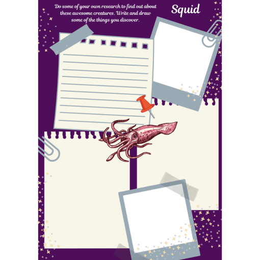 Purple background with various notepaper for recording information about squid.