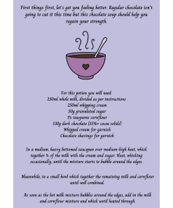 Purple background with tea cup and instructions for chocolate soup.
