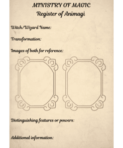 Aged paper with form for registering Animagus.