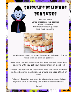 Recipe to make Dracula's Dentures - cookies with marshmallow teeth.