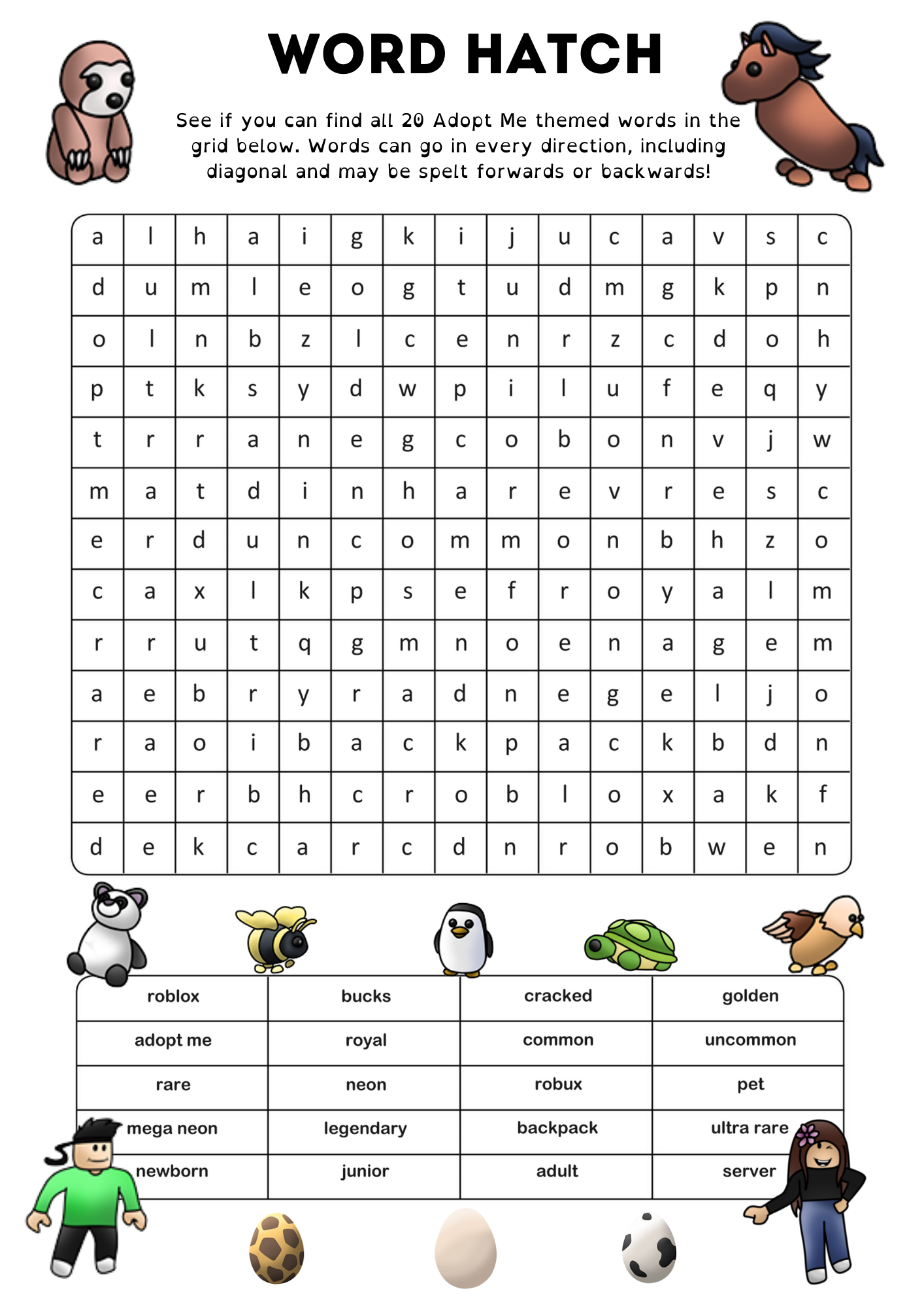 Adopt Me Pets 1 Word Search - WordMint